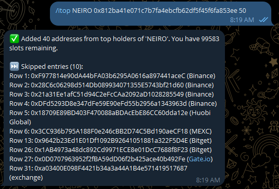 zevza0's tweet photo. You can now import top holders of any token to the https://t.co/211WpTnBXR. Here's a picture showing the add flow. (If you want to remove all of them, you can use the command /delcsv NAME.) https://t.co/cAmIrn5ko4