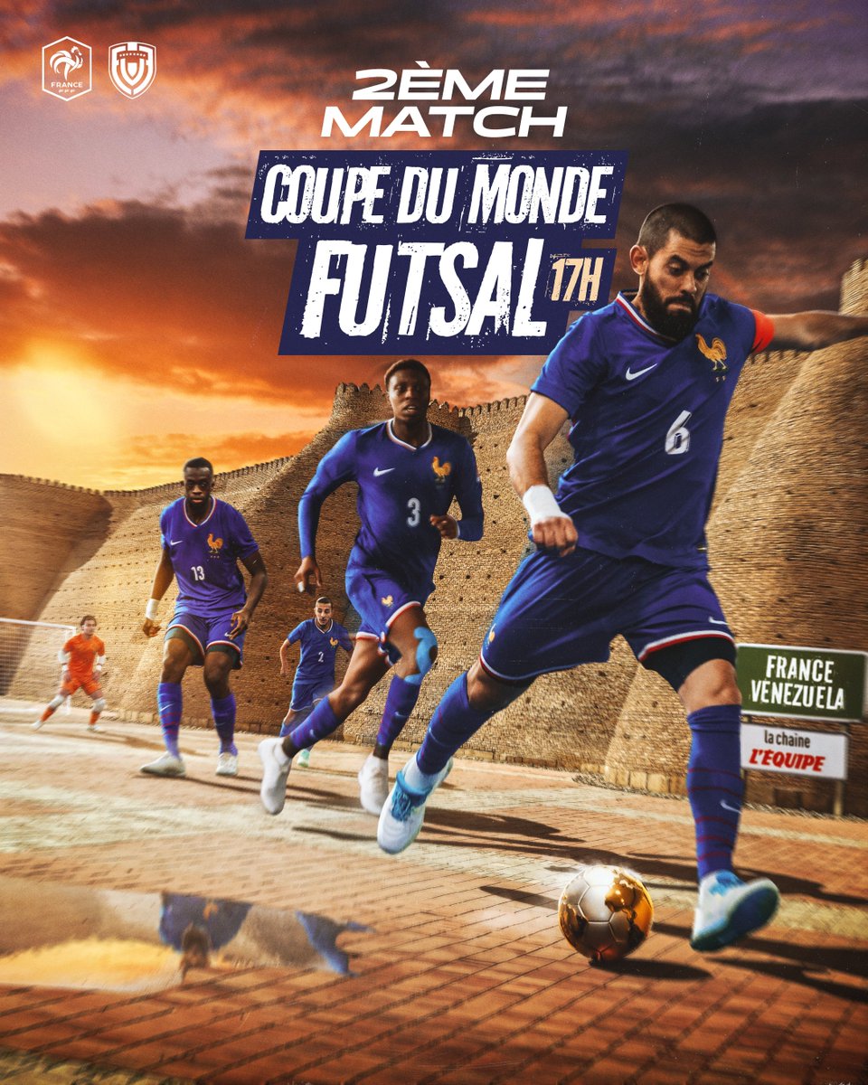 FFF's tweet image. Objectif qualif' pour nos Bleus du Futsal 💪 
Une victoire face au Venezuela 🇻🇪 pour passer en 8es de finale de la Coupe du Monde 🏆 

⌚️ Coup d'envoi à 17h 🔥
📺 @lachainelequipe  

#FutsalWC