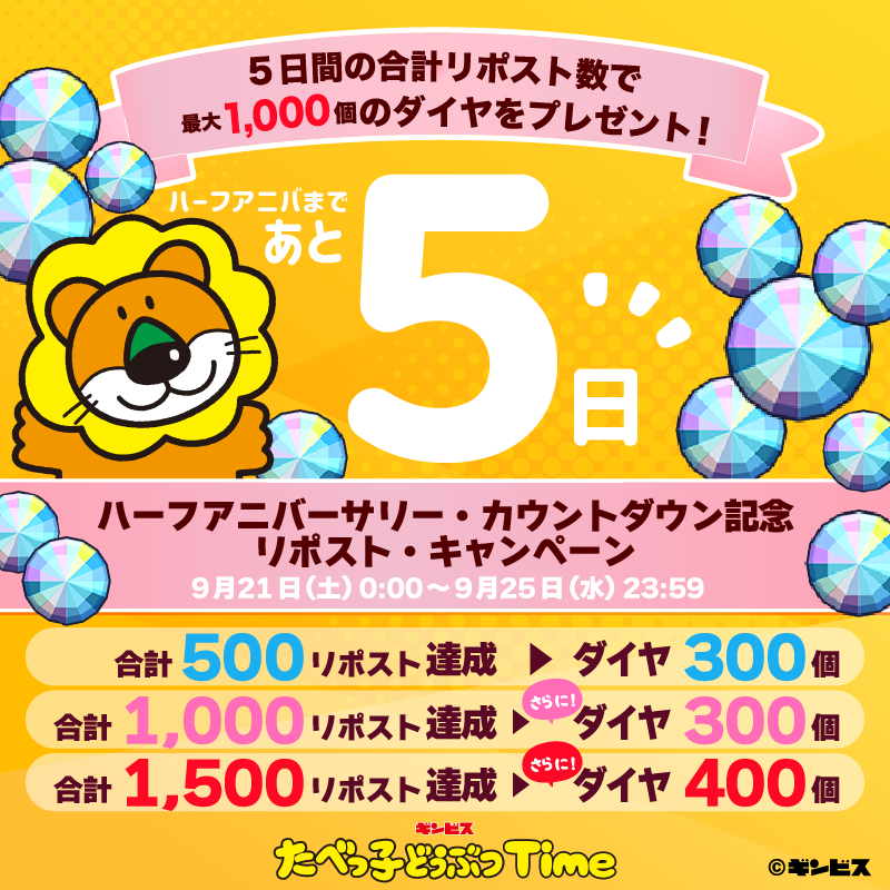 🎂ハーフアニバーサリーまであと5️⃣日🎉

5日間のリポスト数の合計でダイヤを最大1,000個プレゼント🎁

500リポスト達成  ⇒ ダイヤ300個✨️
1,000リポスト達成 ⇒ さらにダイヤ300個✨️
1,500リポスト達成 ⇒ さらにダイヤを400個✨️

9/25(水)23:59まで⏰

#たべっ子タイム
#たべっ子どうぶつ