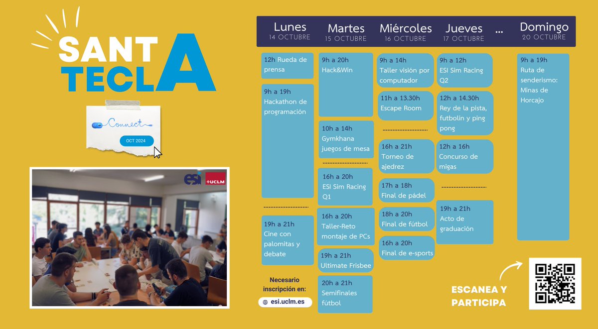 🥳🎓 ¡Apúntate ya! - Llega Santa Tecla 2024. Publicada la agenda de actividades académicas, culturales y deportivas. Algunas inscripciones ya abiertas en esi.uclm.es/index.php/2024…