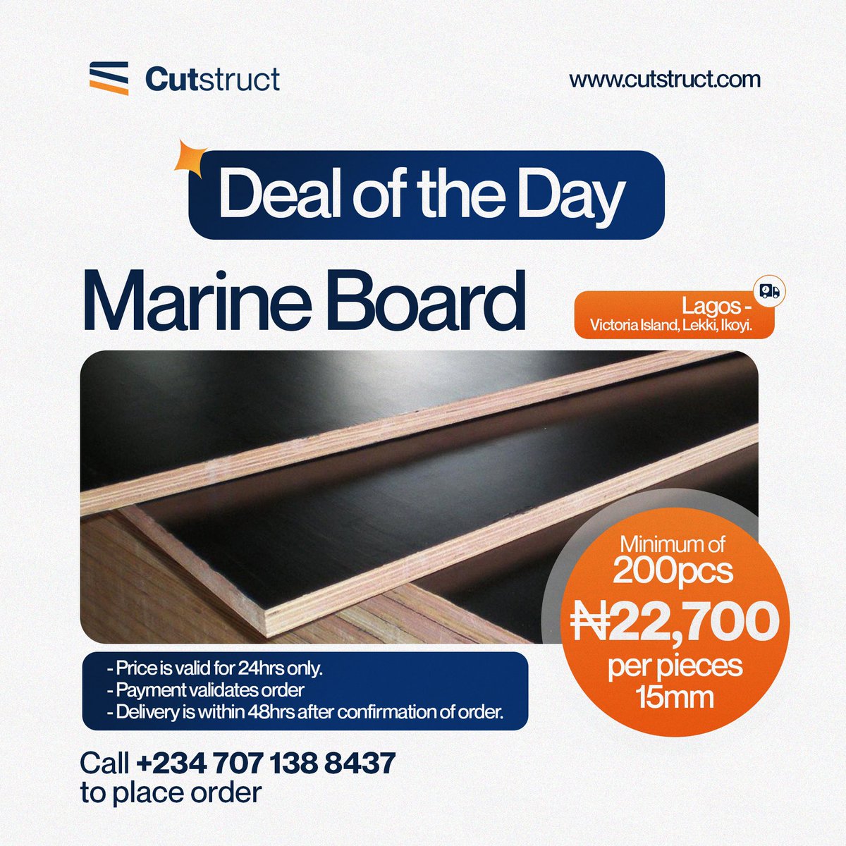 CutStruct's tweet image. Today’s deal - Marine Board for developers with projects in Lekki &amp;amp; Ikoyi environs.
 
🚨For 24hrs Only🚨 DM or call 07071388437 now to take advantage of this limited-time offer.

Don’t miss out!

#Cutstruct #Construction #RealEstate #DangoteCement #Lafarge #marineboard