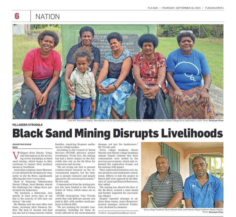 Black sand mining has harmed #foodsecurity &amp; #livelihoods in Ba, Fiji. Australian company Amex Resources LTD's dredging for magnetite has negatively impacted Ba River's ecosystem. Village leaders claim the previous government misled communities about the mines potential impact.