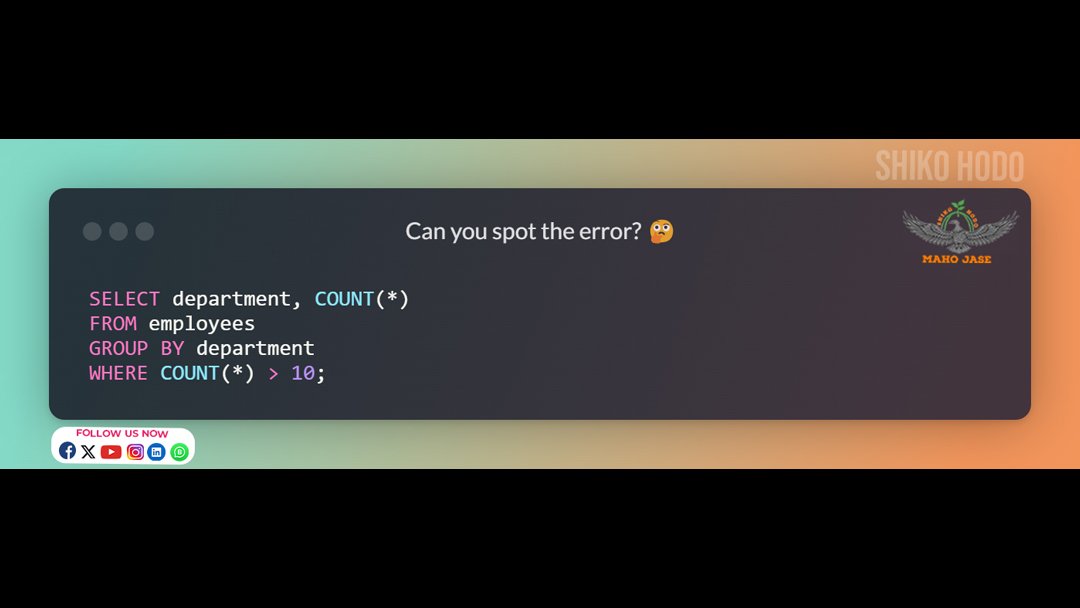 mahojase's tweet image. 🔍 What&apos;s Missing in This Query with GROUP BY?
.
.
.
#SQLHaving #HavingClause #SQLQueries #GroupBy #SQLFiltering #DataAggregation #SQLBestPractices #SQLTutorial #DatabaseQueries #SQLFunctions