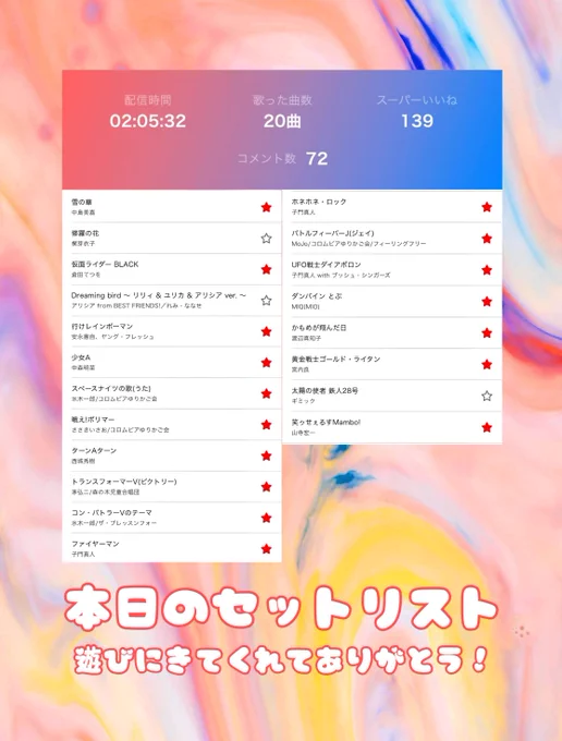 昼のゲリラ配信ありがとうございました。ロボソンと特ソンが濃厚なセトリでございました。今回は雑談の分量も多めで、リスナーさんと楽しく過ごせて嬉しかったです!かもめが翔んだ日とゴールドライタンはリクエストで歌わせて頂きました。ナイス選曲!#colorsing 