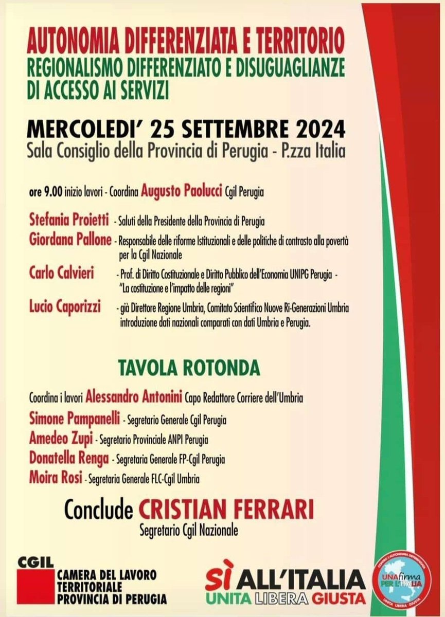 🟩AUTONOMIA DIFFERENZIATA E TERRITORIO
🗓️Il 25/09/2024
🕓dalle ore 9:00, 
📍presso la sala del Consiglio della Provincia di Perugia in Piazza Italia, 
➡️ si terrà l'iniziativa promossa dalla Camera del Lavoro di Perugia 
#autonomiadifferenziata 
nuoverigenerazioni.eu/tutti-gli-even…