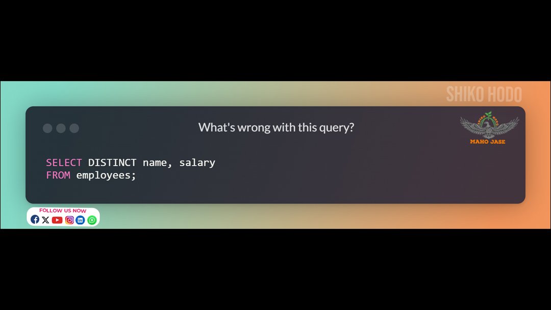 mahojase's tweet image. 🤔 Can You Identify the Problem with DISTINCT?
.
.
.
#SQLDistinct #DistinctClause #UniqueRecords #DataDeduplication #SQLQueries #SQLBestPractices #SQLTutorial #DatabaseManagement #SQLData #DataFiltering