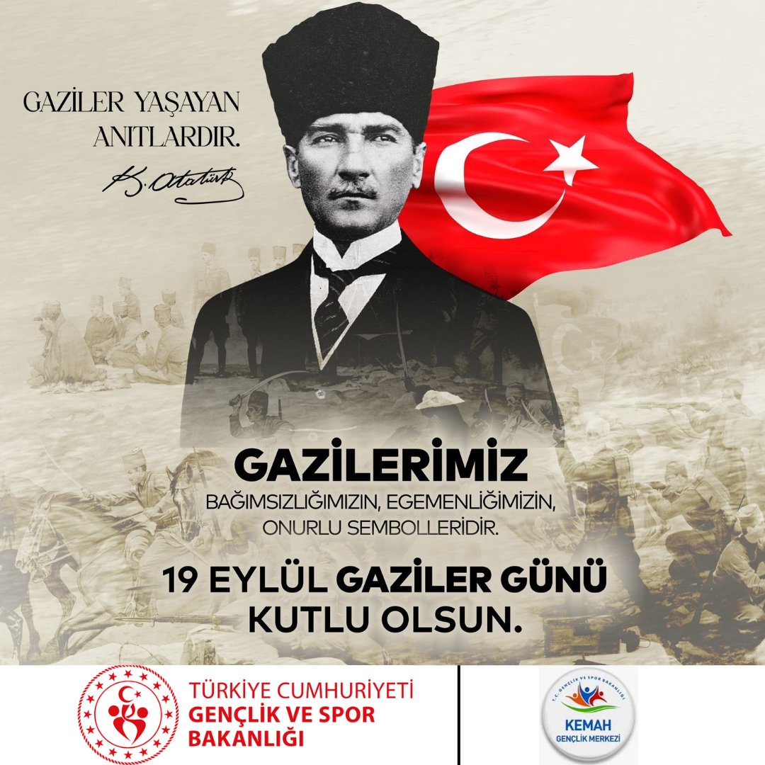 Ülkemizin geleceği adına canlarını hiç düşünmeden ortaya koyan başta Gazi Mustafa Kemal Atatürk olmak üzere tüm gazilerimizi minnetle anıyoruz.

19 Eylül Gaziler Günü kutlu olsun! Vatan size minnettar. 🇹🇷