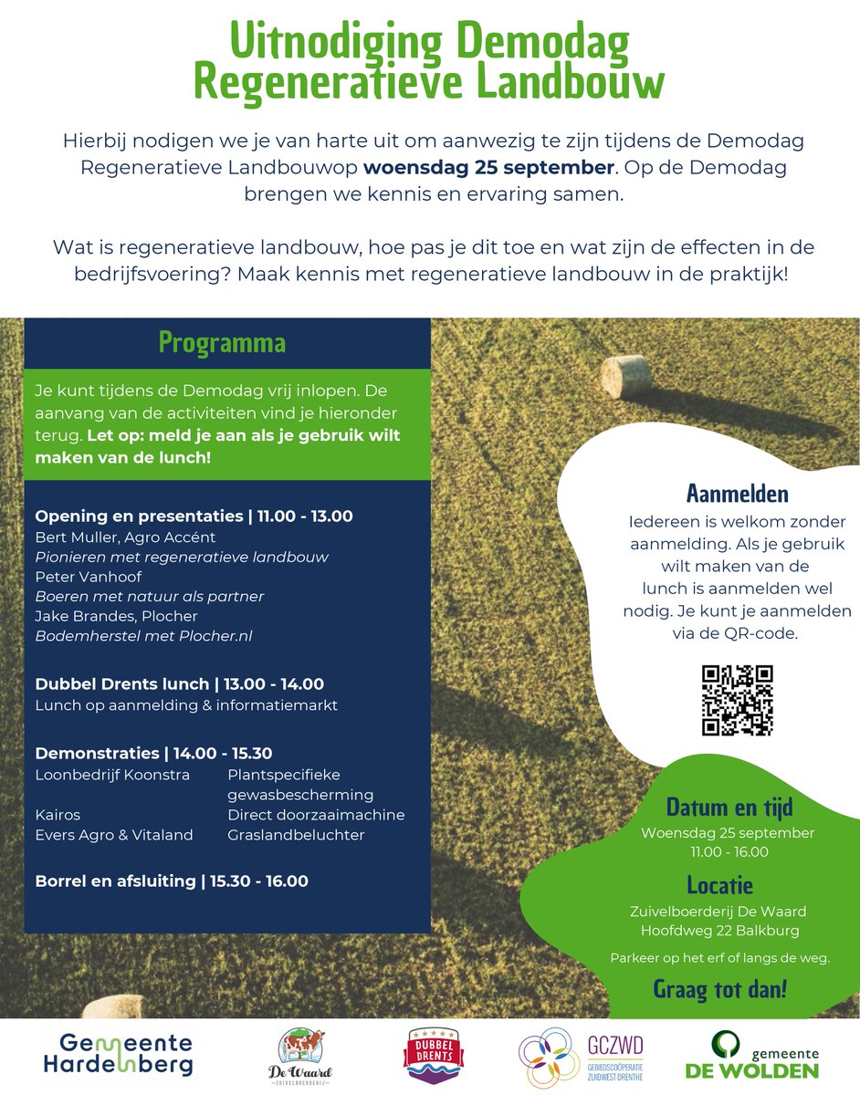 𝗪𝗲𝗹𝗸𝗼𝗺 𝗼𝗽 𝗱𝗲 𝗱𝗲𝗺𝗼𝗱𝗮𝗴 𝗥𝗲𝗴𝗲𝗻𝗲𝗿𝗮𝘁𝗶𝗲𝘃𝗲 𝗟𝗮𝗻𝗱𝗯𝗼𝘂𝘄 | 𝘄𝗼𝗲𝗻𝘀𝗱𝗮𝗴 𝟮𝟱 𝘀𝗲𝗽𝘁𝗲𝗺𝗯𝗲𝗿 𝗶𝗻 𝗕𝗮𝗹𝗸𝗯𝗿𝘂𝗴. Zien we  je daar?! #demodag #regeneratievelandbouw #komkijken