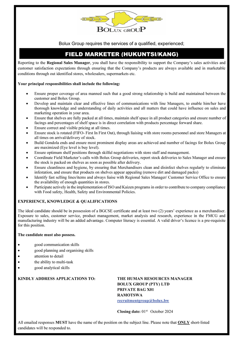 BoluxGroup's tweet photo. Join Our Team: Fuel Your Passion for Marketing in the Field

#Bolux
#boluxgroupbotswana
#vacancy https://t.co/D8E3owDb0K