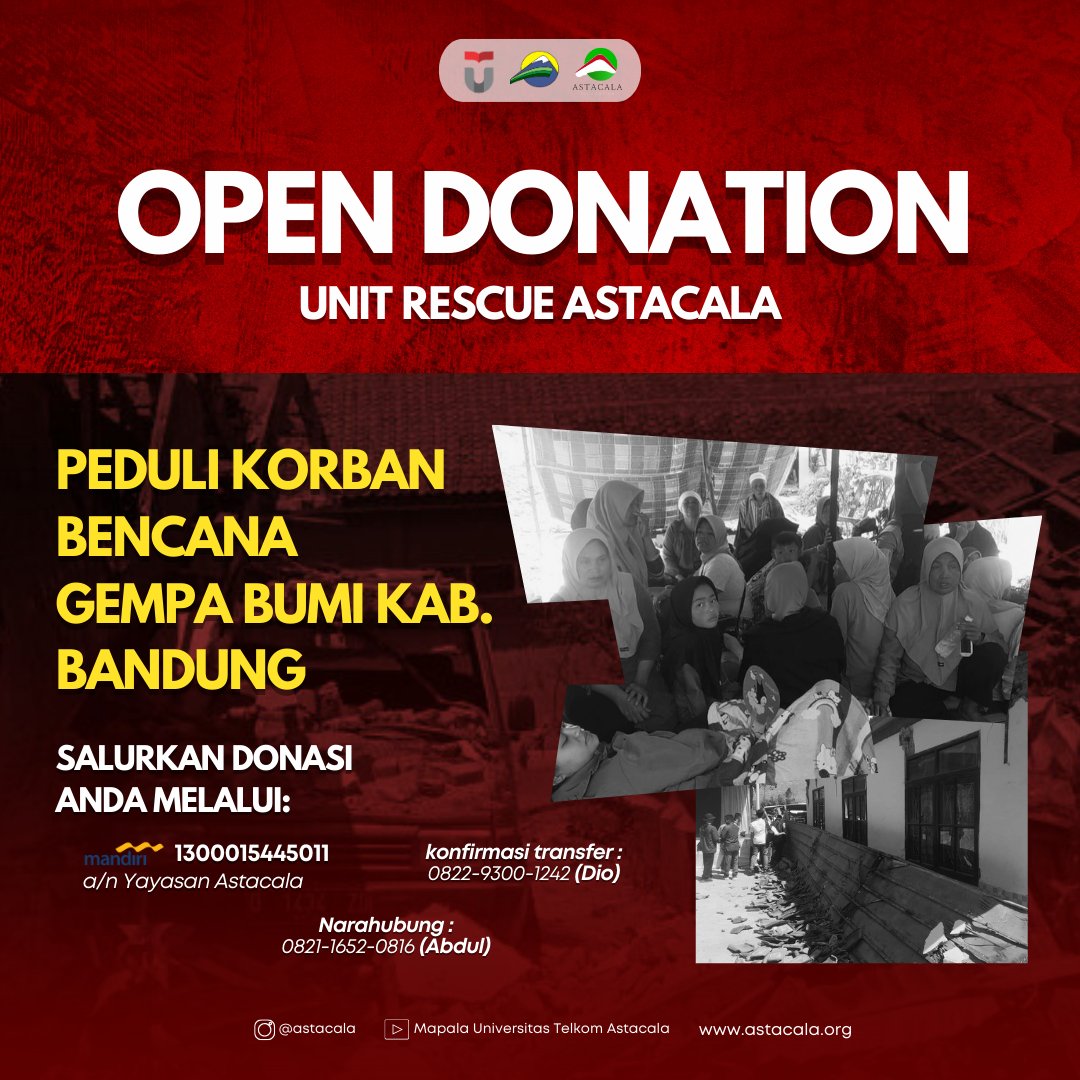 Donasi Peduli Korban Bencana Kab.Bandung (ASTACALA)

Kab.Bandung Berduka,
Saatnya bergerak bersama membantu saudara terdampak bencana

Salurkan bantuan anda ke posko tanggap bencana alam ASTACALA.
Narahubung Astacala : Abdul (0821-1652-0816)
#bencanaalam #mapalatelkom #telkom