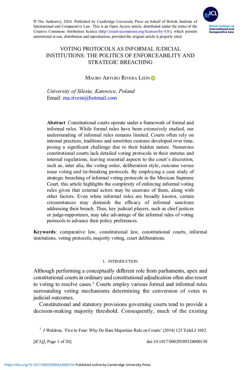 Mauro Arturo Rivera (@mauroarturo) on Twitter photo I am thrilled that my newest piece, "Voting Protocols and Informal Judicial Institutes: The Politics of Enforceability and Strategic Breaching," is out in Open Access in FirstView in the <a href="/ICLQ_jnl/">International and Comparative Law Quarterly</a> from <a href="/CUP_Law/">Cambridge University Press - Law</a>
You can read it here: doi.org/10.1017/S00205… I am thrilled that my newest piece, "Voting Protocols and Informal Judicial Institutes: The Politics of Enforceability and Strategic Breaching," is out in Open Access in FirstView in the <a href="/ICLQ_jnl/">International and Comparative Law Quarterly</a> from <a href="/CUP_Law/">Cambridge University Press - Law</a>
You can read it here: doi.org/10.1017/S00205…
