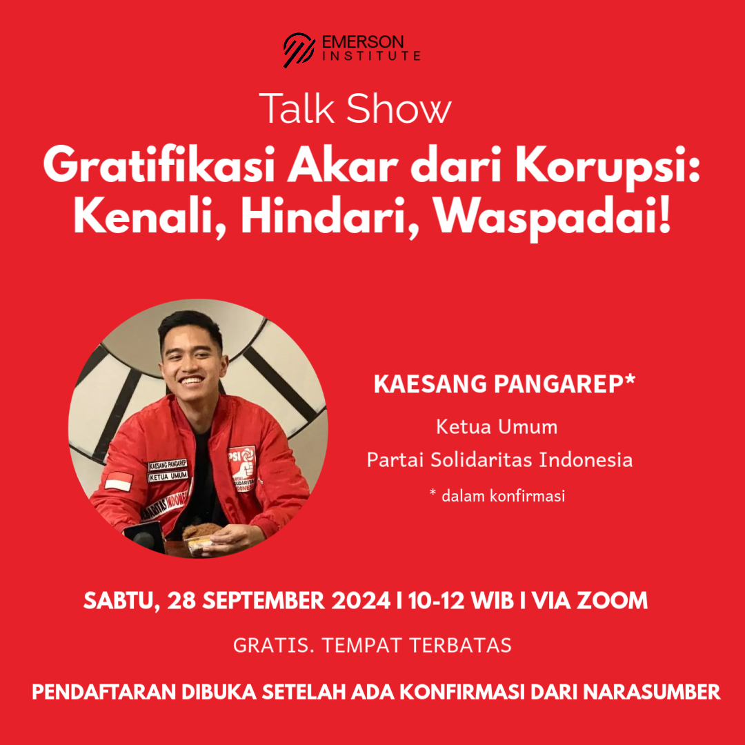 Hallo Mas <a href="/kaesangp/">“kak” Kaesang</a> apa kabar? kami dari Emerson Institute ingin mengundang Mas Kaesang selaku Ketua Umum <a href="/psi_id/">DPP PSI</a> sebagai narsum talkshow "Gratifikasi akar dari korupsi" Sabtu 28 Sept 24 mendatang, apakah berkenan? Kami tunggu ya konfirmasinya