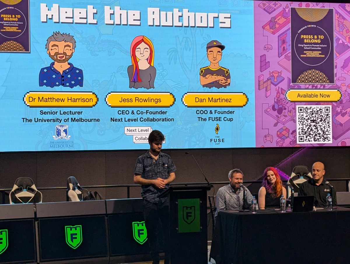 Prof Jon Quach (@jon_quach) on Twitter photo Great to hear about an amazing new book exploring how eSports can help students improve their social connections. Lovely hearing the passion that <a href="/hattdesigns/">Matthew Harrison 🔬+🕹+🧠</a> , <a href="/jessrowlings/">Jess Rowlings</a> and <a href="/martinezgeek/">Dan Martinez</a> have. Now off to play Mario kart with my kids! Great to hear about an amazing new book exploring how eSports can help students improve their social connections. Lovely hearing the passion that <a href="/hattdesigns/">Matthew Harrison 🔬+🕹+🧠</a> , <a href="/jessrowlings/">Jess Rowlings</a> and <a href="/martinezgeek/">Dan Martinez</a> have. Now off to play Mario kart with my kids!
