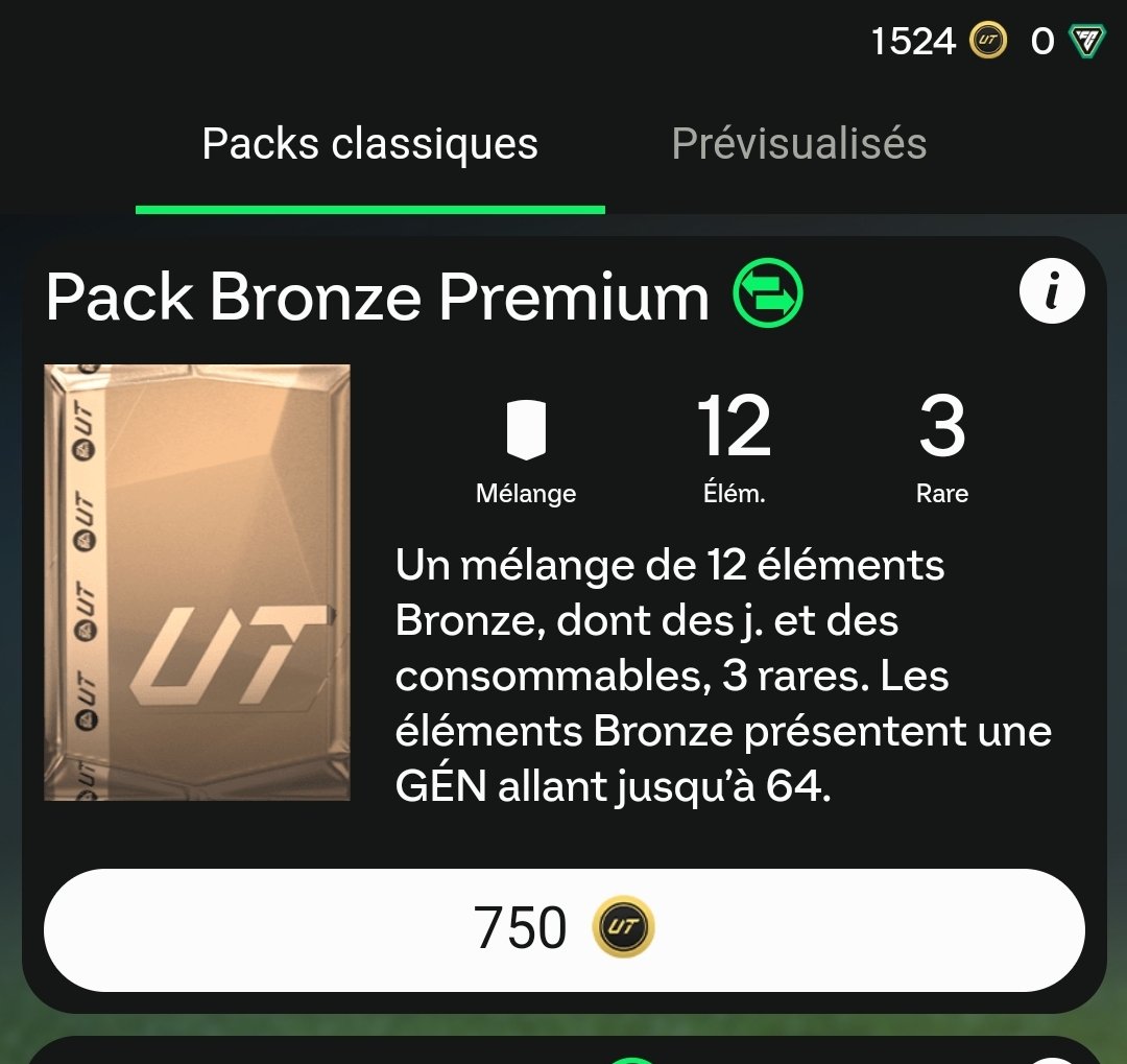 GalloRom1_972's tweet photo. 🚨La #TechPackBronze est de retour !

Acheter un pack à 750 BRONZE

Vous aurez au minimum 3 joueurs à vendre au prix mini (donc 3 × 200 = 600 crédits)
Mais vous avez aussi des chances d'avoir un 4e joueur (donc au total si vous mettez les 4 à vendre = 800)

➕️ Le prix des discard (autres éléments) = minimum 250, voire 350 des fois.

⚠️ Pour les joueurs rares ou ceux qui sont dans de bons championnats/pays, essayez de comparer les prix. Vous pouvez gratter quelques crédits en vendant le joueur à 250/300.

Bref, pour un pack à 750, vous allez récupérer au minimum 1100

Faites ça autant de fois que vous voulez jusqu'à changer/mélanger votre pile