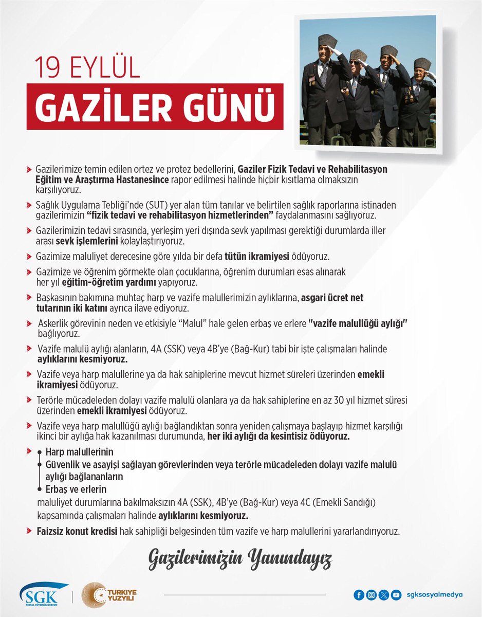 sgksosyalmedya's tweet photo. Ülkemizin birliği ve milletimizin bekası için göğüslerini siper eden gazilerimizin her zaman yanındayız.

Gazilerimiz ve kıymetli ailelerinin 19 Eylül #GazilerGünü'nü tebrik ediyor, kahramanlarımıza saygı ve minnetle şükranlarımızı sunuyoruz.

#KahramanGazilerimizeMinnettarız🇹🇷 https://t.co/uN0fXl0PIV