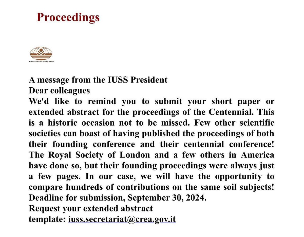 IUSS_ORG's tweet image. ‼️📣IUSS Centennial Congress proceedings  #IUSS100 #proceedings #soilsciences #bringingforward #CentennialoftheIUSS