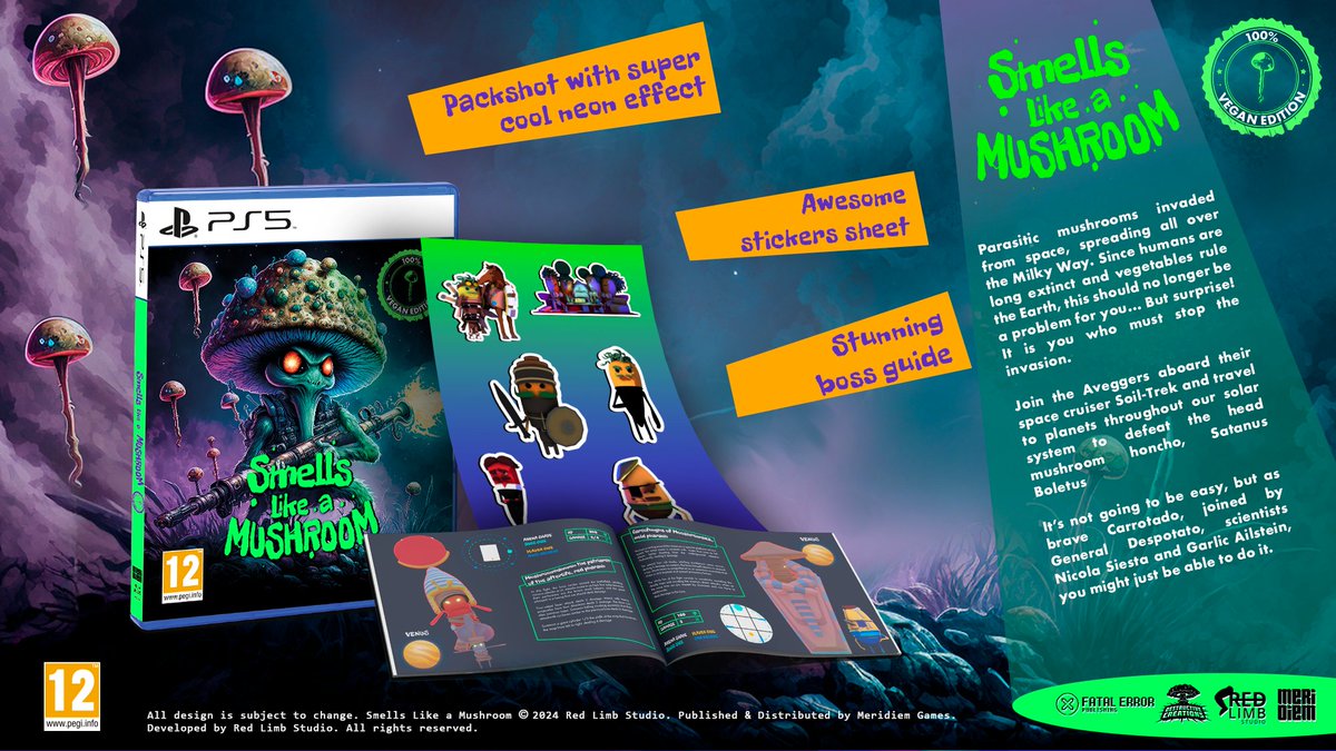 The physical Smells Like a Mushroom - 100% Vegan Edition will launch for PlayStation 5 across European specialist retailers on November 12th, 2024 🍄🚀

Learn more here: meridiem-games.com/en/new/meridie…

#SmellsLikeAMushroom #PS5 #GameRelease #PhysicalEdition #GamingNews #PS5Games
