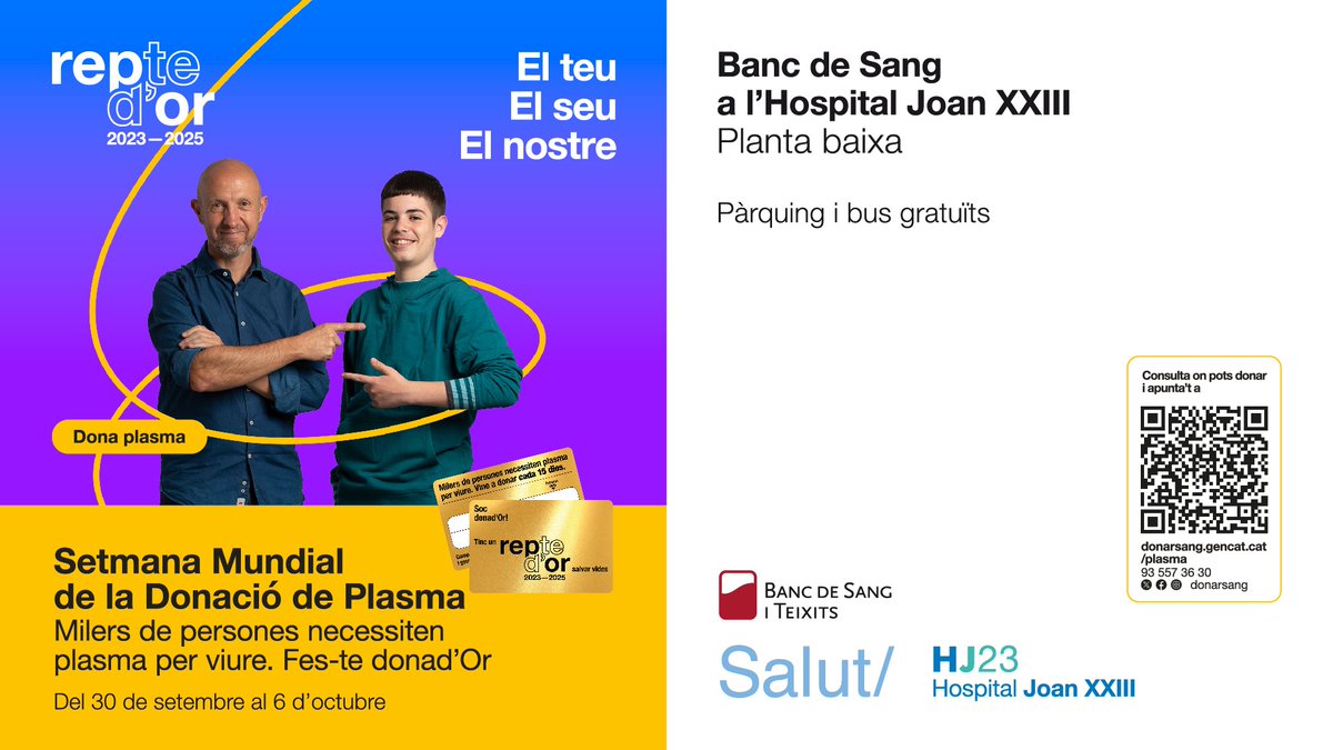 Atenció Primària ICS Camp de Tarragona (@apicstgn) on Twitter photo 🩸#Bondia, del 30 de setembre al 6 d'octubre se celebra la Setmana Mundial de la Donació de Plasma.
#DonaSang #DonaPlasma
📝 Apunta't
📲donarsang.gencat.cat <a href="/donarsang/">Banc de Sang</a>
#DonaSang #DonaPlasma
<a href="/icscat/">ICS. Generalitat</a>
<a href="/salutcat/">Salut</a> 🩸#Bondia, del 30 de setembre al 6 d'octubre se celebra la Setmana Mundial de la Donació de Plasma.
#DonaSang #DonaPlasma
📝 Apunta't
📲donarsang.gencat.cat <a href="/donarsang/">Banc de Sang</a>
#DonaSang #DonaPlasma
<a href="/icscat/">ICS. Generalitat</a>
<a href="/salutcat/">Salut</a>