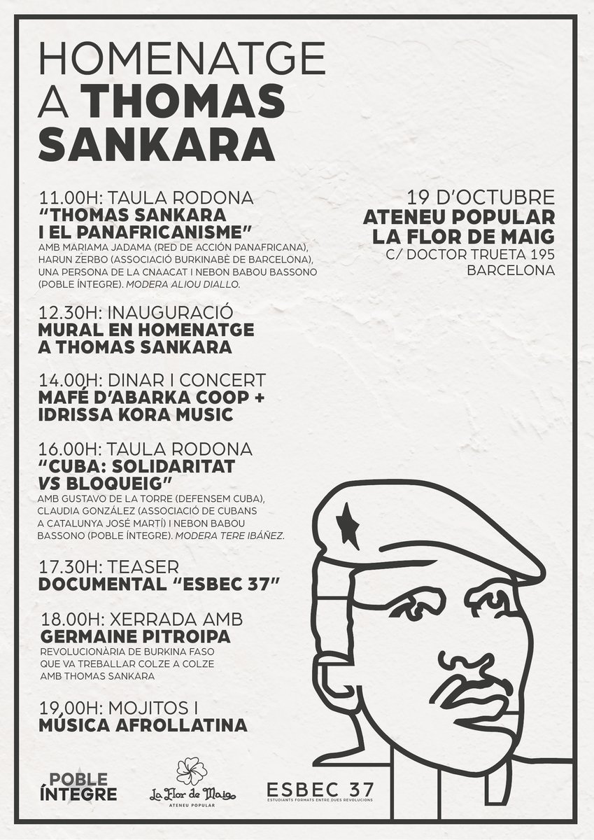 🌹 El 19 d'octubre organitzem un acte d'homenatge a Thomas Sankara, que va ser assassinat el 15 d'octubre de 1987.

⚠️ Enguany comptarem amb Germaine Pitroipa, una revolucionària de Burkina Faso que va lluitar colze a colze amb ell.

I un munt d'activitats que no us podeu perdre!
