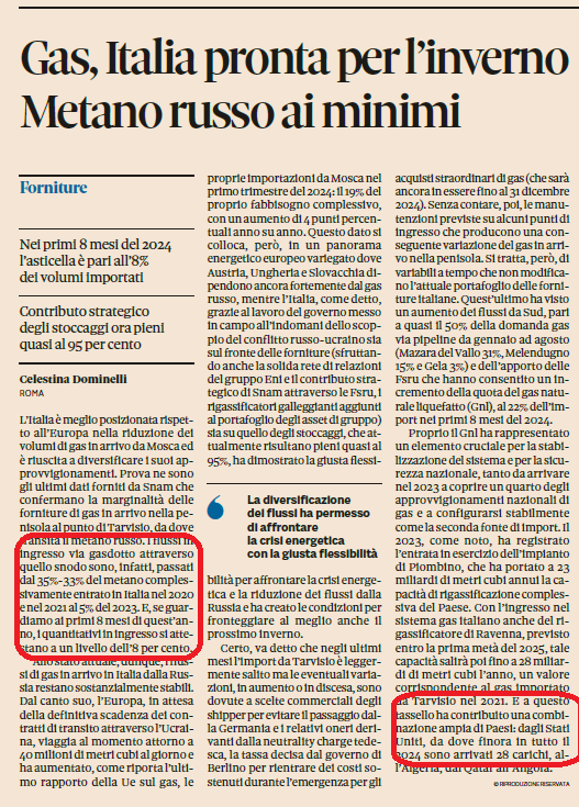 Bellisonus's tweet image. #Propaganda: non preoccupatevi, abbiamo il #gas per l'#inverno!
#Realtà: abbiamo sostituito il gas #russo a buon mercato con il più costoso ed inquinante gas in arrivo dagli #USA.
E che ce frega, tanto #chipaga siete voi #poracci
da "#ilsole24ore" del #19settembre2024 pag. 22