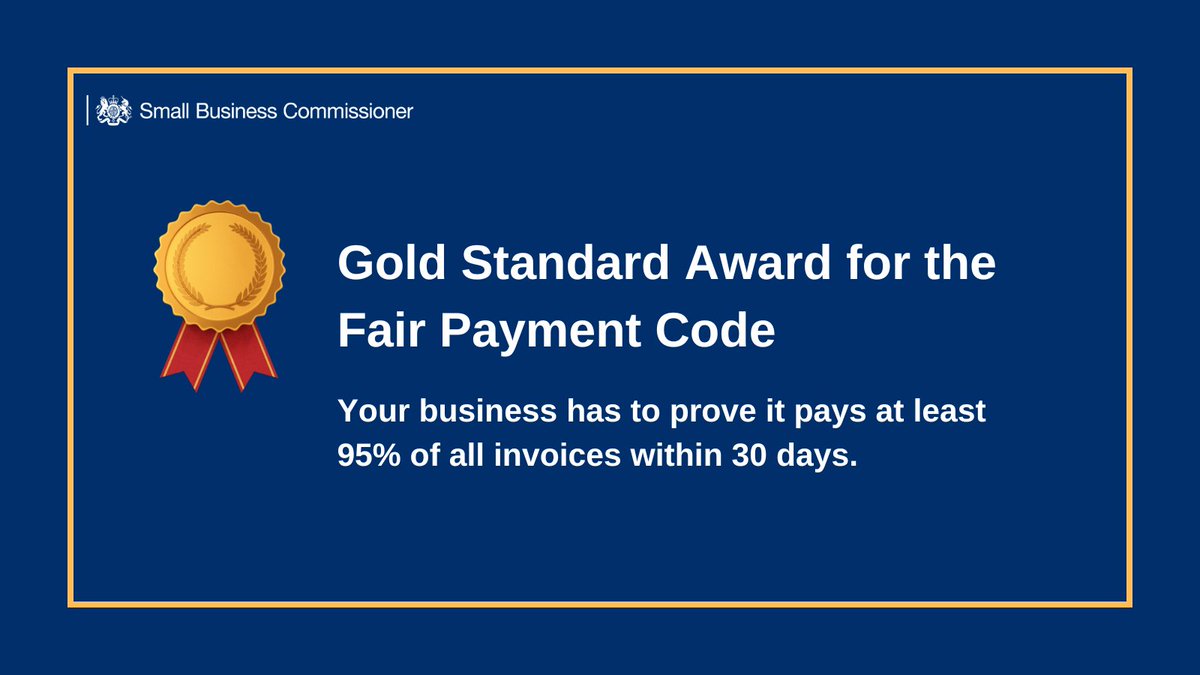 Small Business Commissioner UK (@sb_commissioner) on Twitter photo The Gold Standard Award is the highest tier of the new Code's award categories. To be granted gold status, companies must demonstrate they pay 95% of their suppliers within 30 days.
More on the new Code's award categories ⬇️ 
orlo.uk/7Xci3 The Gold Standard Award is the highest tier of the new Code's award categories. To be granted gold status, companies must demonstrate they pay 95% of their suppliers within 30 days.
More on the new Code's award categories ⬇️ 
orlo.uk/7Xci3