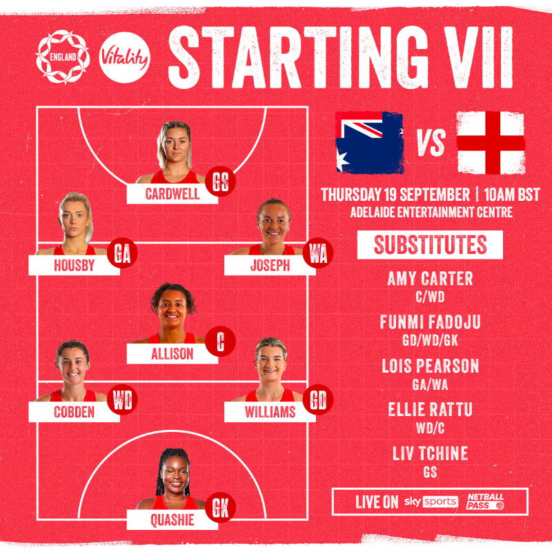 EnglandNetball's tweet photo. Team news is in 📰

A highly anticipated return for @BethCobs1 who features in the starting seven this morning, whilst a potential debut is on the cards for Lois Pearson 👏

Tune into @SkySports Mix and YouTube (UK viewers) from 9:30am or on NetballPass (worldwide) 🔜