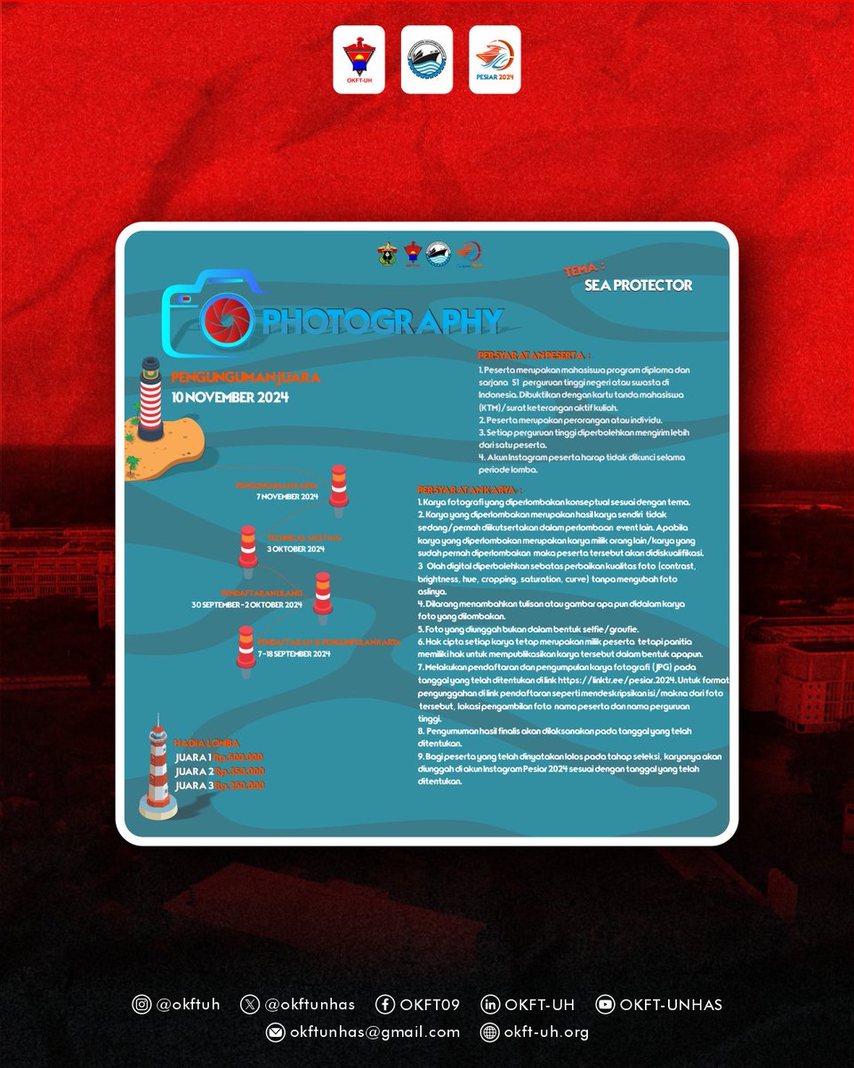 [INFO PESIAR 2024]

Pada kegiatan Pekan Nasional Kemaritiman (PESIAR) 2024 terdapat 4 item kegiatan yaitu :
1. Webinar
2. Lomba Karya Tulis Ilmiah (LKTI)
3. Lomba Prototype Kapal (LOPI
4. Lomba fotografi
#HidupTeknik #WeAreTheChampion #KeepOnFightingTillTheEnd #SMFTUH2024