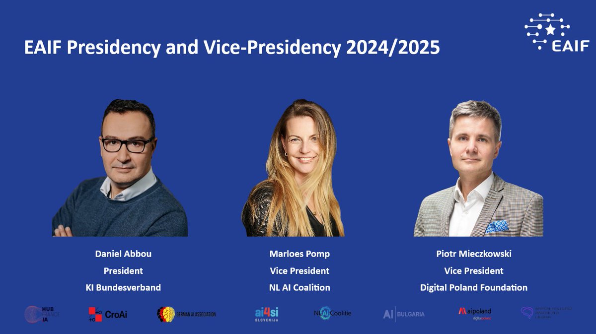 EAIF European AI Forum (@eaiforum) on Twitter photo At the 2024 General Assembly of the European AI Forum (EAIF) in Vilnius, Lithuania, a new presidency was elected ๐๐คwith President <a href="/dabbou/">Daniel Abbou</a> VPs: <a href="/marloespomp/">Marloes Pomp</a> <a href="/piotrmiecz/">Piotr Mieczkowski TMT</a>
More info: linkedin.com/feed/update/urโฆ At the 2024 General Assembly of the European AI Forum (EAIF) in Vilnius, Lithuania, a new presidency was elected ๐๐คwith President <a href="/dabbou/">Daniel Abbou</a> VPs: <a href="/marloespomp/">Marloes Pomp</a> <a href="/piotrmiecz/">Piotr Mieczkowski TMT</a>
More info: linkedin.com/feed/update/urโฆ