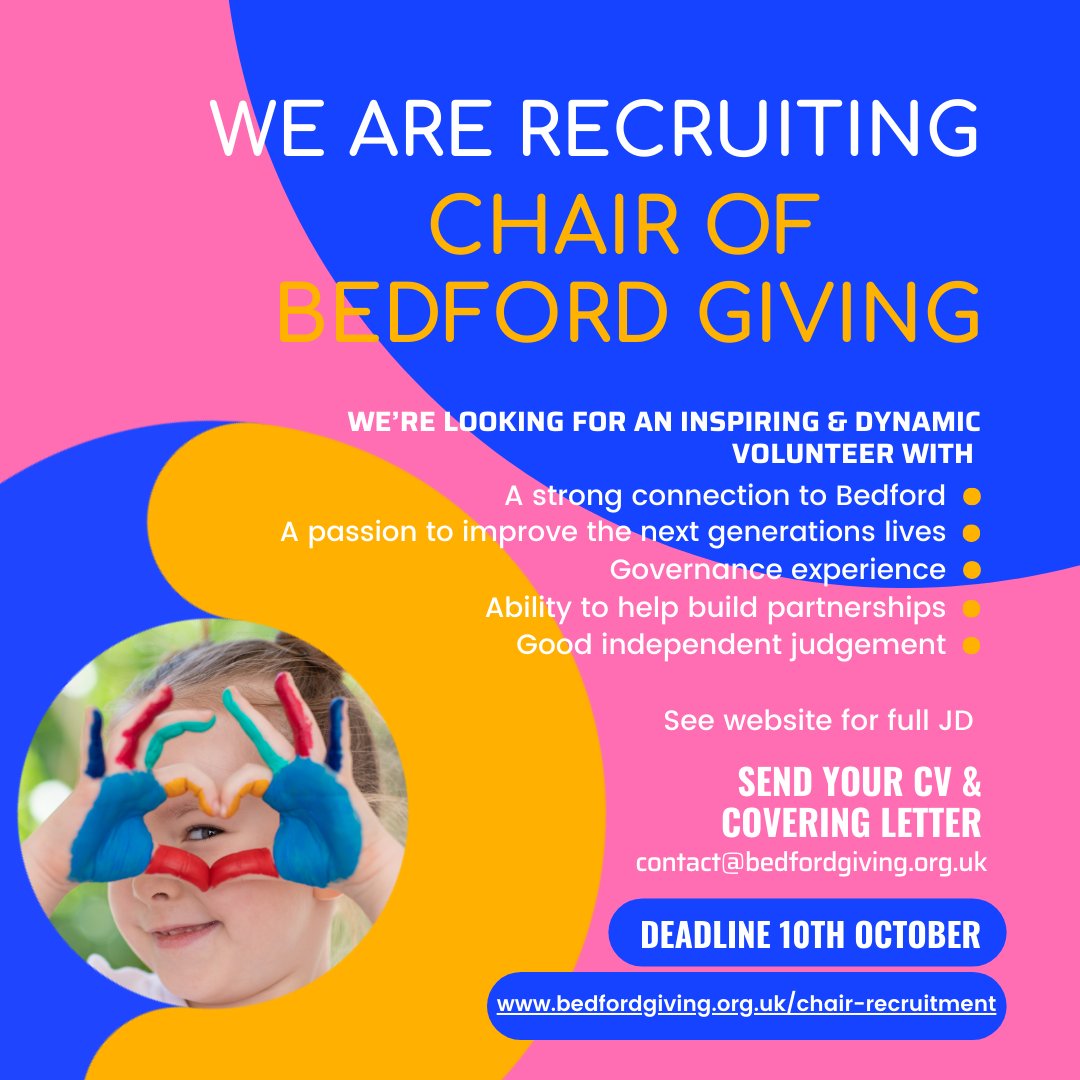 Bedford Giving (@bedfordgiving) on Twitter photo Bedford Giving a transformative place-based giving movement is currently seeking an inspiring & dynamic volunteer to Chair Bedford Giving
To apply please send a copy of your CV & covering letter outlining your interest & what you would bring to: contact@bedfordgiving.org.uk Bedford Giving a transformative place-based giving movement is currently seeking an inspiring & dynamic volunteer to Chair Bedford Giving
To apply please send a copy of your CV & covering letter outlining your interest & what you would bring to: contact@bedfordgiving.org.uk