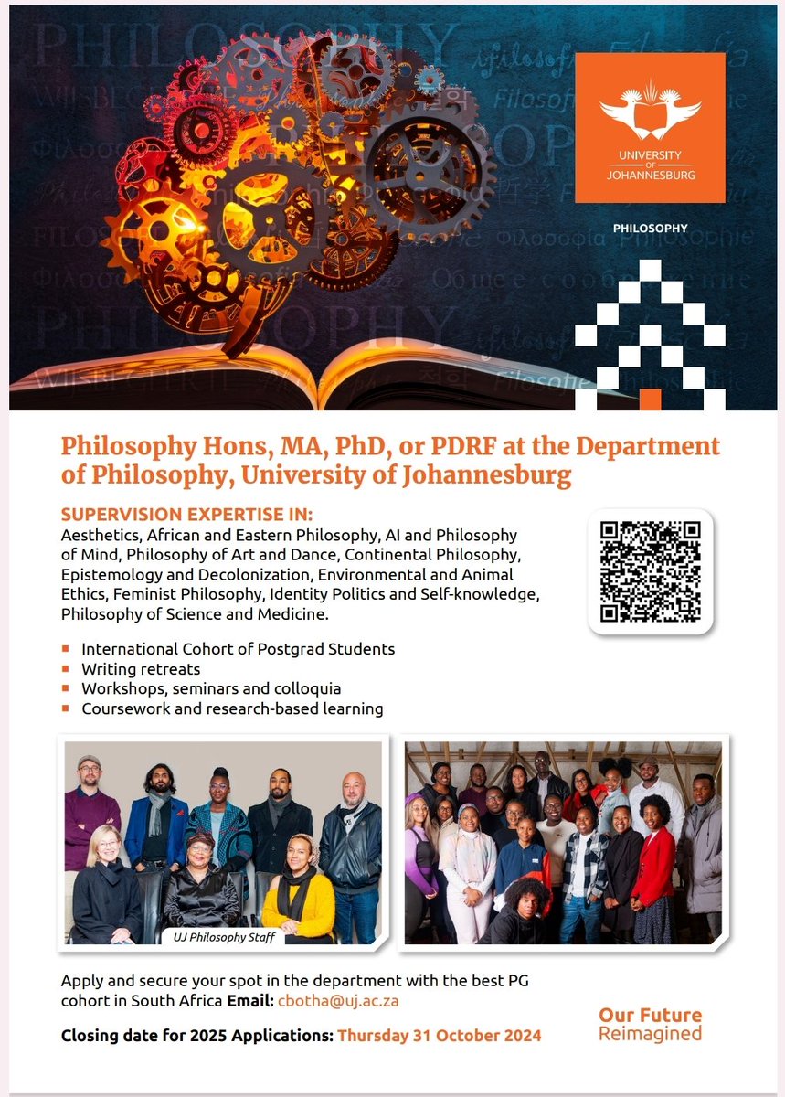 UJPhilosophy's tweet photo. Applications for Postgraduate studies at UJ Philosophy are now open! Be sure to apply before 31 October 2024. Details on the flyer 🔥 https://t.co/KvntDY5EZA