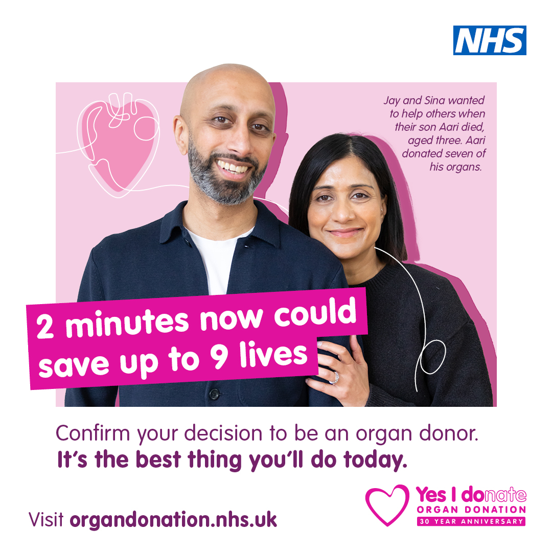#OrganDonationWeek

Jay &amp; Sina wanted to help others when their son Aari died, aged 3.

2 mins now could save up to 9 lives. Visit organdonation.nhs.uk
.
.
#YesIDonate #OrganDonation #DonateLife #BeADonor @Mel_Pickup <a href="/razdy/">R A Z D Y</a> <a href="/EvolutionaryICM/">James Morgan</a> <a href="/StovesJohn/">John Stoves</a> <a href="/BthftK/">bthft Kidneytransplant</a> <a href="/BradfordOrgDon/">BradfordOrganDonation</a>
