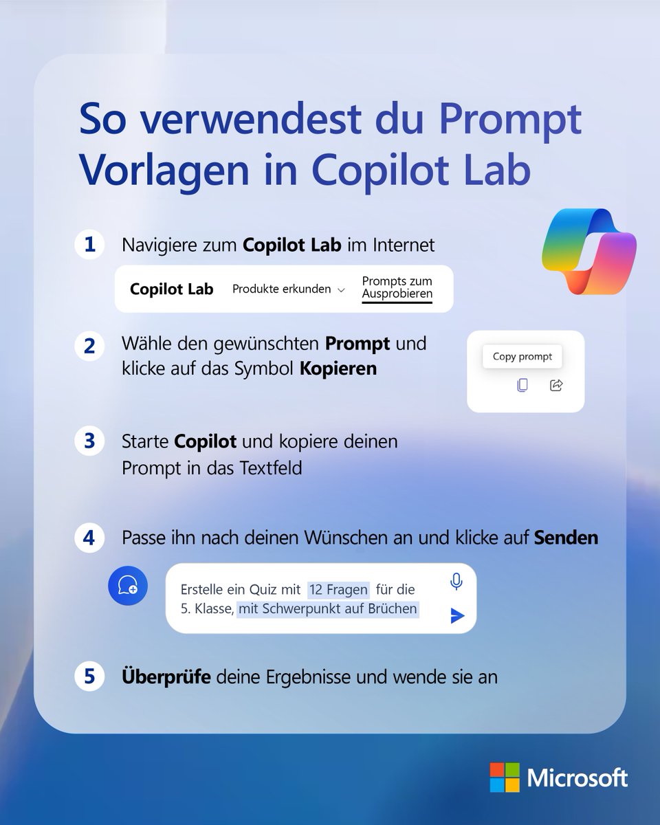 Das Copilot Lab bietet eine Sammlung an Prompts, die dir helfen, deine #AI Ergebnisse zu optimieren. Egal, ob du E-Mails schreibst oder ein Quiz entwickelst, das Copilot Lab unterstützt dich dabei: msft.it/6019mTKMv #MicrosoftEDU