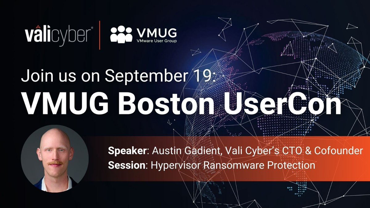 vali_cyber's tweet photo. 🎉 We're thrilled to be at the #VMUG Boston UserCon today! If you're attending, be sure to catch @AustinGadient's session, #Hypervisor #Ransomware Protection with Vali Cyber from 11 – 11:30 AM where he'll be showcasing #ZeroLock. See you there!

#vcommunity #VMUGUserCon @MyVMUG https://t.co/ybIXLkNpOr