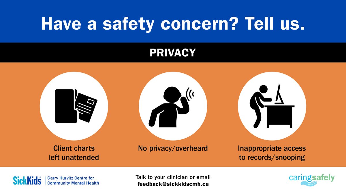 SickKidsCCMH's tweet photo. Have a #privacy concern at one of our sites? Let us know by telling your clinician or emailing feedback@sickkidscmh.ca! #safety #caringsafely https://t.co/anvnIvekat