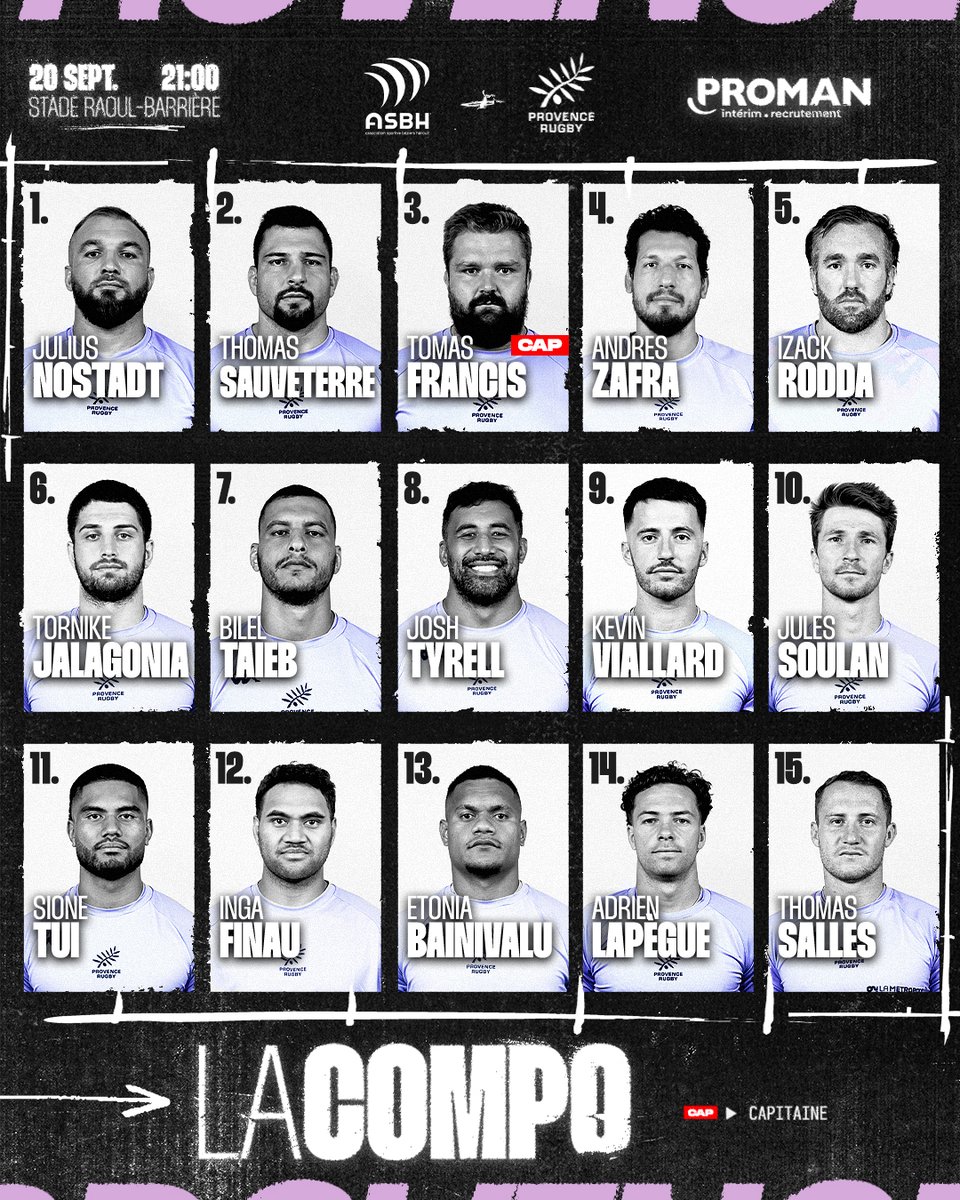 ProvenceRugby's tweet photo. 𝗟𝗔 𝗖𝗢𝗠𝗣𝗢 Provençale pour le déplacement à Béziers #ASBHPR🔥

🆚 @ASBHOfficiel 
🕤 21h00 
🏟 Stade Raoul-Barrière
🏆 𝗝4 Pro D2

#ProD2 | #teamprovence | 𝑺𝑰𝑨𝑵 𝑳𝑨 𝑷𝑹𝑶𝑼𝑽𝑬𝑵𝑪𝑶 🖤 https://t.co/Jb4uIZ0Xkd