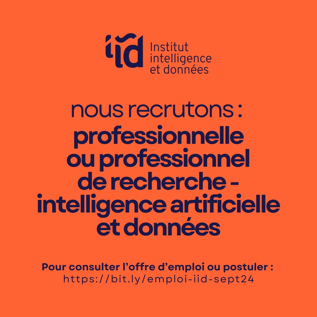 L'IID recrute! Nous recherchons une professionnelle ou une professionnel de recherche en intelligence artificielle et données. Pour plus d'informations ou pour postuler: ow.ly/g6J950TpAR2 #IA #ULaval