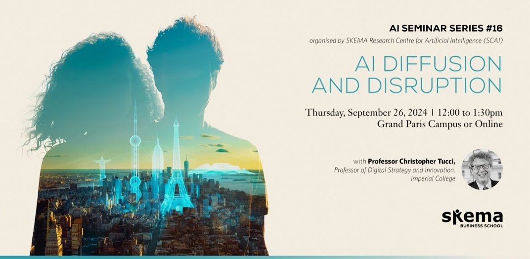 [ÉVÉNEMENT 📅] Le 26/09, le SKEMA Centre for Artificial Intelligence organise le séminaire "AI diffusion and disruption", en présence de Christopher Tucci (prof. à <a href="/ImperialBiz/">Imperial Business School</a>) et Andrea Appella (Associate General Counsel EMEA chez <a href="/OpenAI/">OpenAI</a>). fcld.ly/572pdkf #WeAreSKEMA