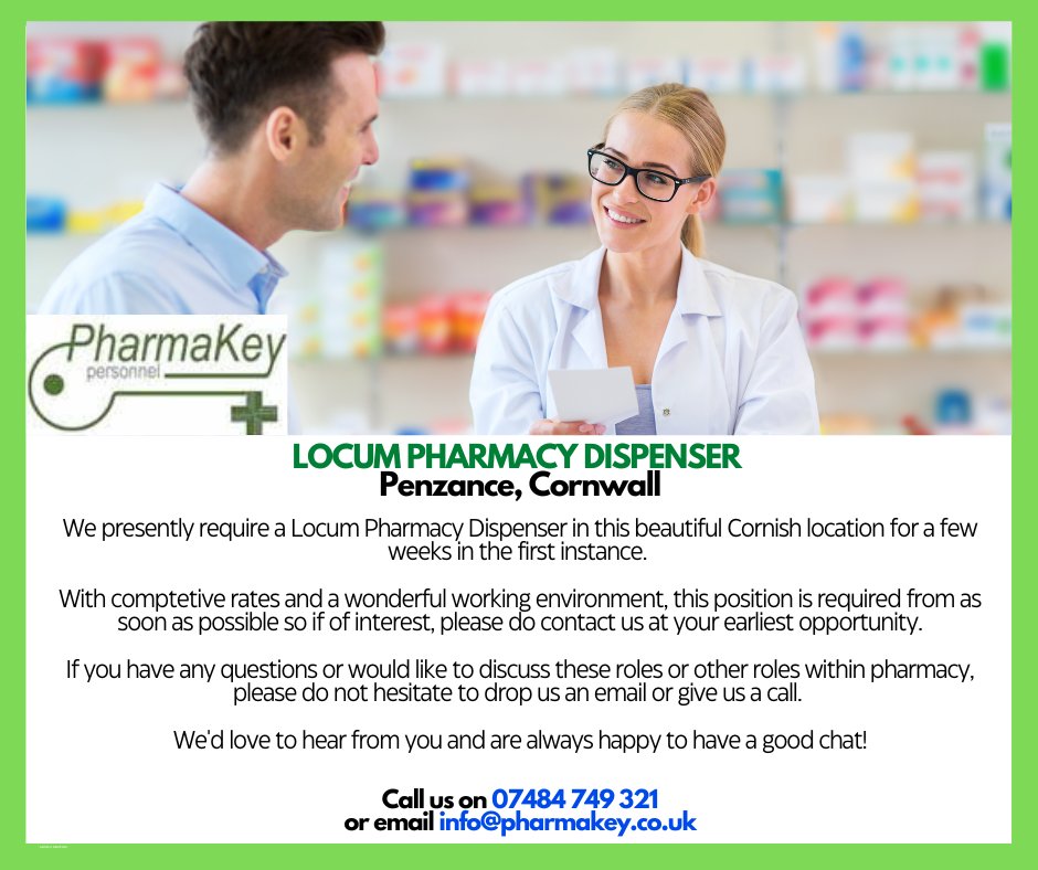Locum Pharmacy Dispenser required ASAP in the lovely Cornish location of Penzance! Please contact ASAP if this works for you! All shares appreciated, thanks so much! 🙏 
#pharmacydispenser #pharmacyjobs #dispenser #pharmacy #locumdispenser
