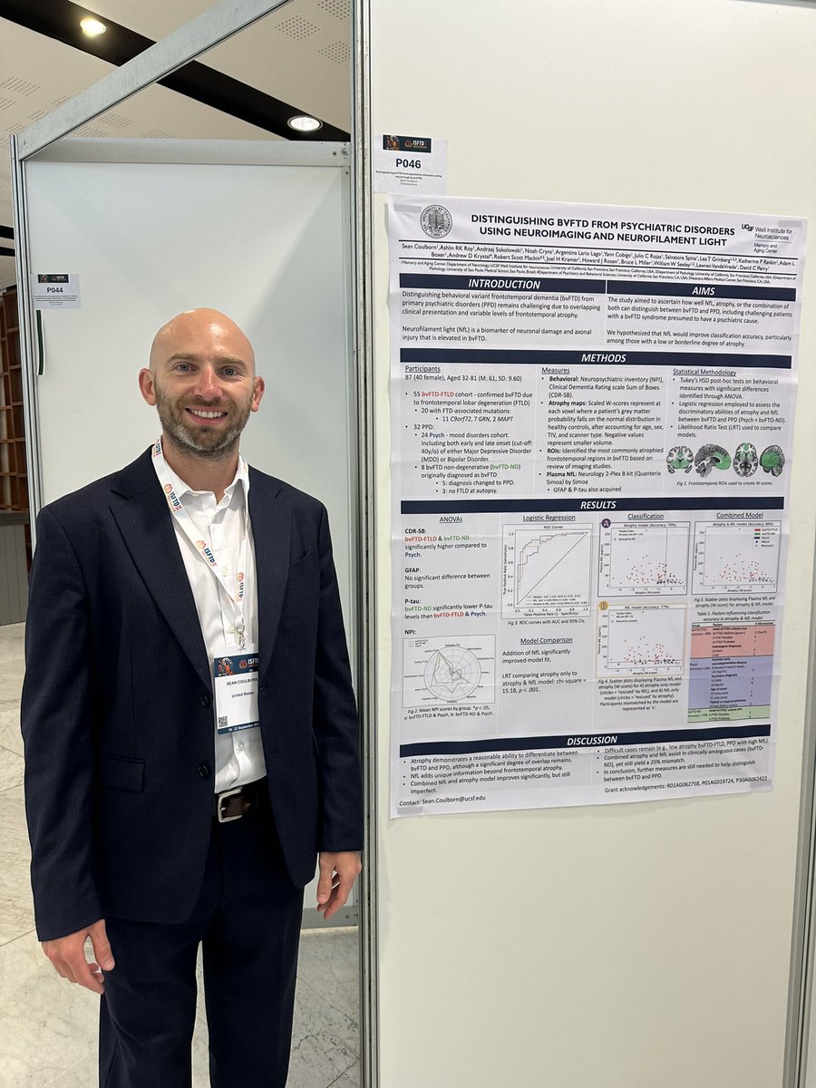 Can Neurofilament Light (NfL), along with brain atrophy, help distinguish behavioral variant frontotemporal dementia (bvFTD) from primary psychiatric disorders? Come check out my poster (P046) to learn more!
 <a href="/isftd/">International Society for Frontotemporal Dementias</a> <a href="/UCSFmac/">UCSF MAC</a> <a href="/UCSF/">UC San Francisco</a> #DementiaResearch #Neuroscience