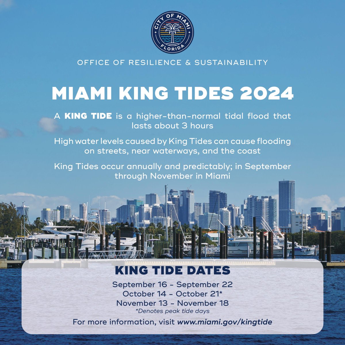 🌊 Heads up, Miami! The 2024 King Tides are approaching. 📅 Be prepared for the following dates:
Sept 16-22
Oct 14-21 (peak)
Nov 13-18
Stay informed and protect your community! Learn more at: miami.gov/kingtide 🌊 #MiamiTides #KingTides #MiamiResilience