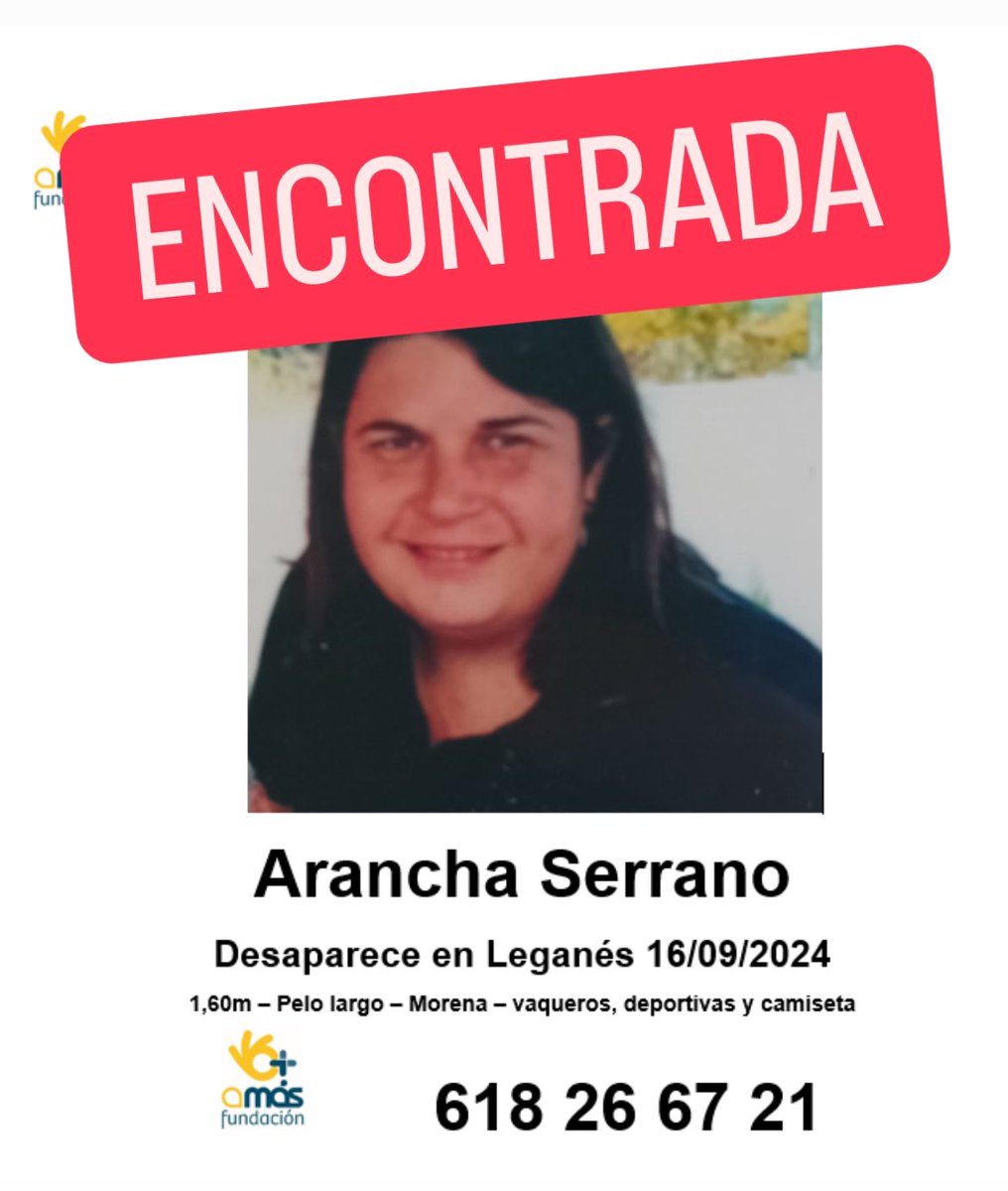 Hemos encontrado a Arancha y afortunadamente se encuentra bien 👌🏽 

Gracias a todos por vuestra colaboración ❤️