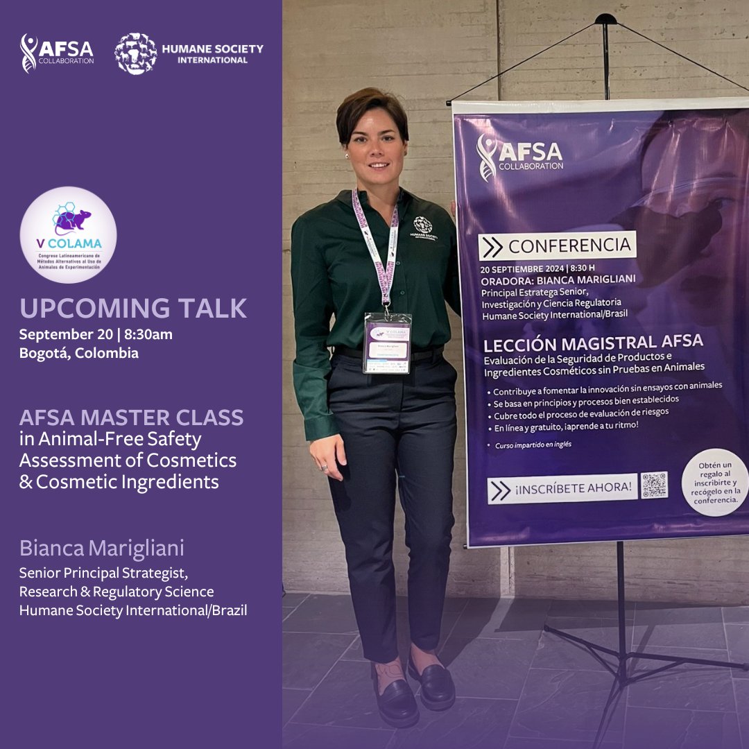 AFSAcollab's tweet image. #COLAMA2024 is in full swing! If you&apos;re attending, be sure to attend Bianca Marigliani&apos;s lecture to learn all about our #AFSAMasterClass!

📅 September 20 ⏰ 8:30am

🎁 Attendees who register for the Master Class will receive a free gift at the lecture.

#AnimalFreeSafety #LATAM