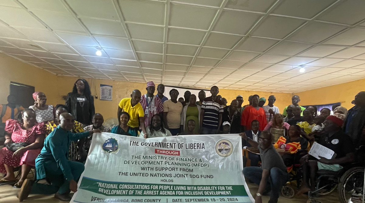 UN_Liberia's tweet photo. #HappeningNow The Government of Liberia holds two-day development planning meeting with persons with disabilities in Gbarnga,Bong County. This is done through support from the United Nations Joint SDG. UN RC @CNumutoni has commended the inclusive approach to national development. https://t.co/7KN0NqLOjB