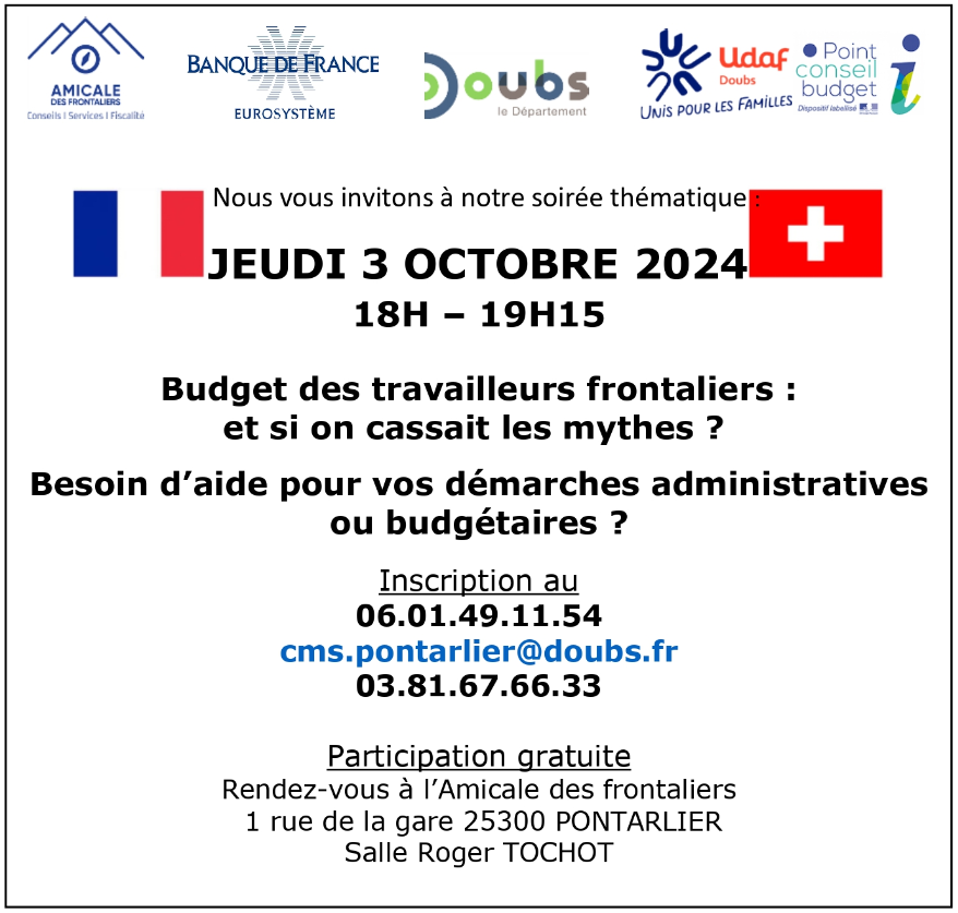 Travailleurs frontaliers, cet événement est pour vous ! 🇨🇭🇫🇷

💼 Budget des travailleurs frontaliers : et si on cassait les mythes ?
📄 Besoin d'aide pour vos démarches administratives ou budgétaires ?

#Frontaliers #Pontarlier #BanqueDeFrance #GestionBudget #PCB #Suisse #France