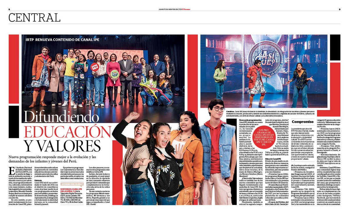 #CentralElPeruano ➡ El Instituto Nacional de Radio y Televisión del Perú (IRTP), con la misión de llegar a toda la población nacional, a través de programas educativos, culturales e informativos, realiza, diversas acciones para cumplir con este fin.

👉 ow.ly/y7q250TqRrV
