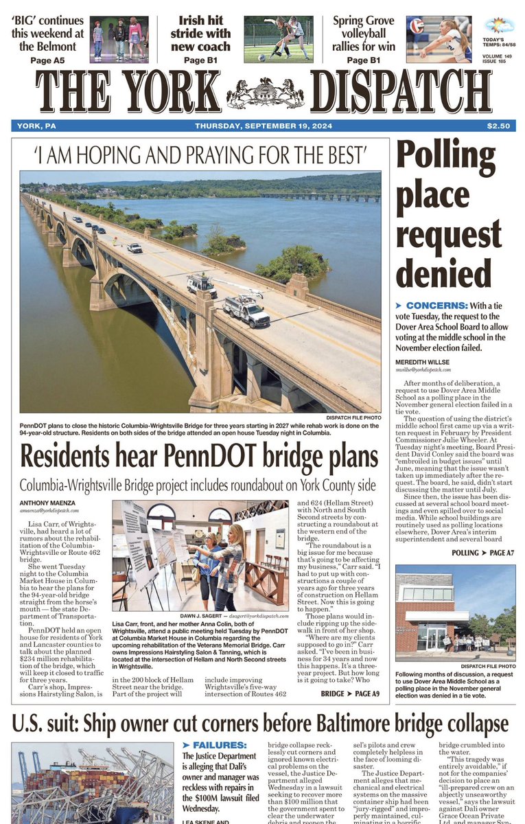 York Dispatch (@yorkdispatch) on Twitter photo Pick up today's <a href="/YorkDispatch/">York Dispatch</a> for great reporting from <a href="/atmaenza/">Anthony Maenza</a> on plans for the Wrightsville bridge, <a href="/MeredithWillse/">MeredithWillse</a> on a polling place controversy and so much more.
Online here: yorkdispatch.com/story/news/loc…
And here: yorkdispatch.com/story/news/edu… Pick up today's <a href="/YorkDispatch/">York Dispatch</a> for great reporting from <a href="/atmaenza/">Anthony Maenza</a> on plans for the Wrightsville bridge, <a href="/MeredithWillse/">MeredithWillse</a> on a polling place controversy and so much more.
Online here: yorkdispatch.com/story/news/loc…
And here: yorkdispatch.com/story/news/edu…