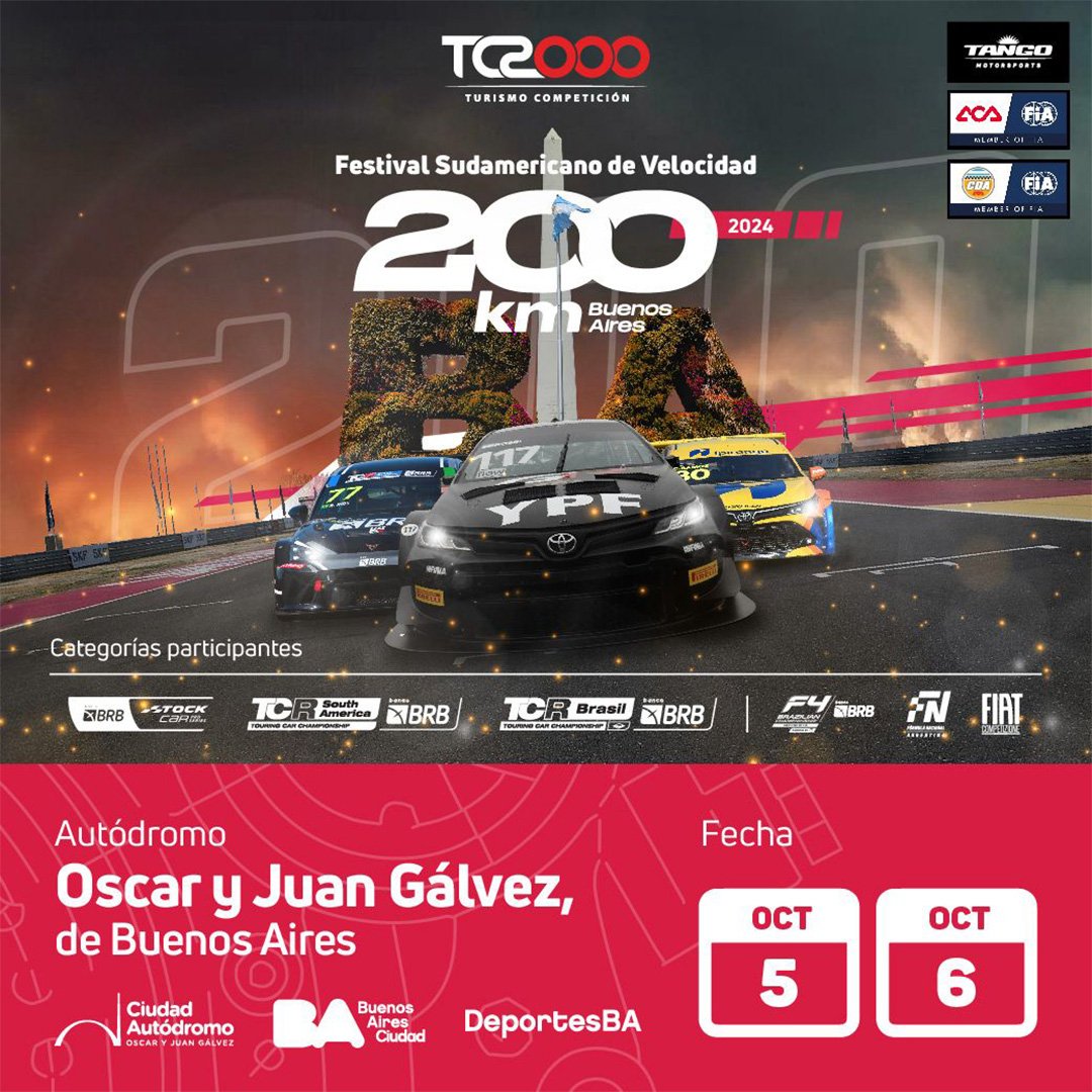 TC2000 (@supertc2000) on Twitter photo 🔥 ¿Querían ver carreras? 😎
Se viene el FESTIVAL SUDAMERICANO DE VELOCIDAD 🏁
🗓 5 y 6 de octubre
📍 <a href="/AutodromoBA/">AutodromoBA Oficial</a>
TC2000
TCR South America
TCR Brasil
Stock Car
FIAT Competizione
Fórmula Nacional
Fórmula 4 Brazilian
🎟 Entradas a la venta a partir de MAÑANA 👀 🔥 ¿Querían ver carreras? 😎
Se viene el FESTIVAL SUDAMERICANO DE VELOCIDAD 🏁
🗓 5 y 6 de octubre
📍 <a href="/AutodromoBA/">AutodromoBA Oficial</a>
TC2000
TCR South America
TCR Brasil
Stock Car
FIAT Competizione
Fórmula Nacional
Fórmula 4 Brazilian
🎟 Entradas a la venta a partir de MAÑANA 👀