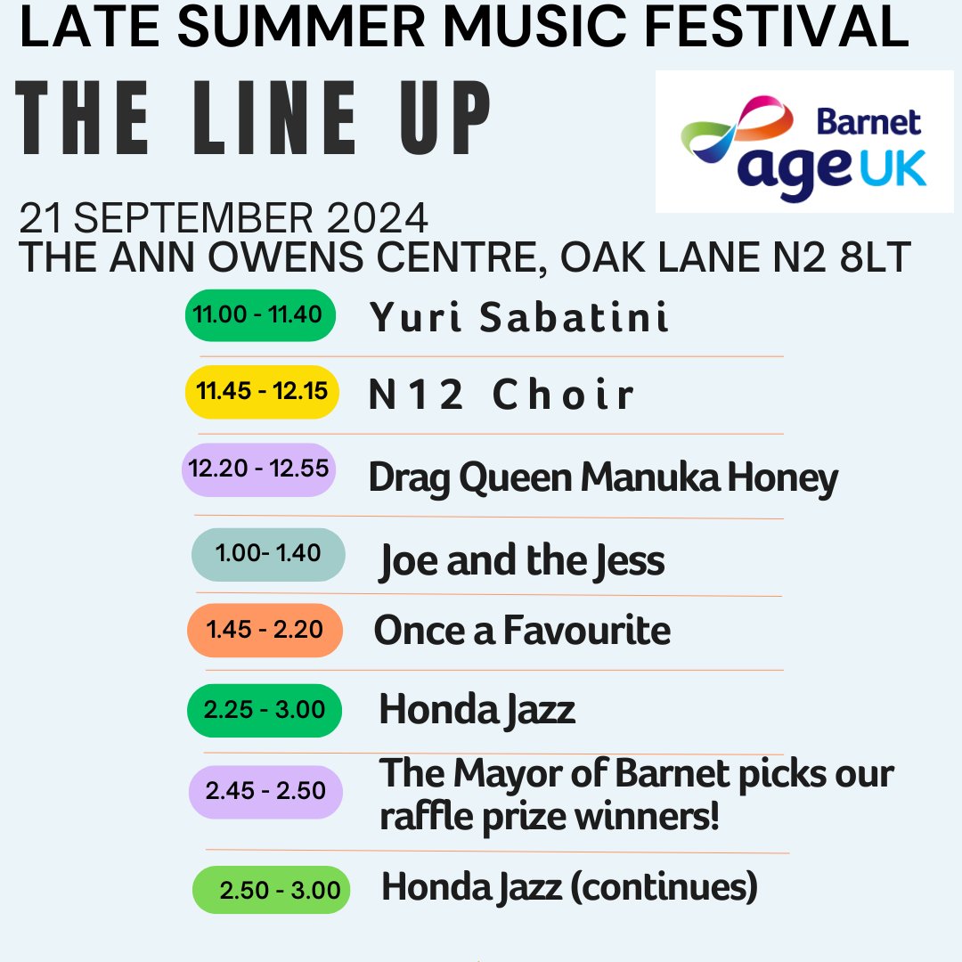 We're excited about Saturday's Late Summer Music Festival - join us from 11am to 3pm in #EastFinchley on the last day of summer for some fabulous performances, plus food, drink, raffle, tombola, plant sale &amp; more. 🤞for sun but the show will go on inside in case of ☔️