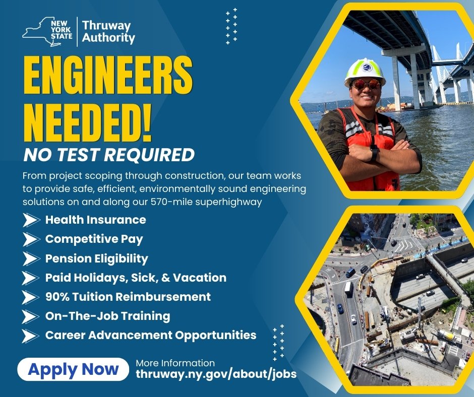 NYSThruway's tweet photo. 📢 WE'RE HIRING #ENGINEERS: Help the Thruway provide customers with the highest levels of safety, quality, and service on one of the longest toll superhighways in the nation. NO CIVIL SERVICE EXAM REQUIRED. Learn more and apply at https://t.co/NZ1RhriMVT. #Hiring #engineeringjob https://t.co/nDvuqbEAng