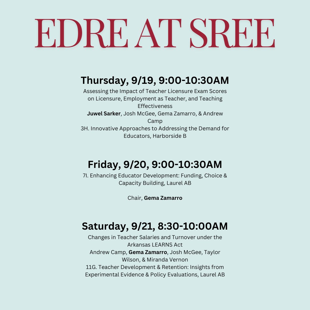 Dept. of Ed. Reform (@ua_edreform) on Twitter photo <a href="/gema_zamarro/">Dr. Gema Zamarro (she/her)</a>, <a href="/jbmcgee/">Josh B. McGee</a>, and <a href="/md_juwel_sarker/">Md. Juwel Ahmed Sarker</a> are bringing their research to #SREE2024! Be sure to add these sessions to your schedule 👇 <a href="/gema_zamarro/">Dr. Gema Zamarro (she/her)</a>, <a href="/jbmcgee/">Josh B. McGee</a>, and <a href="/md_juwel_sarker/">Md. Juwel Ahmed Sarker</a> are bringing their research to #SREE2024! Be sure to add these sessions to your schedule 👇